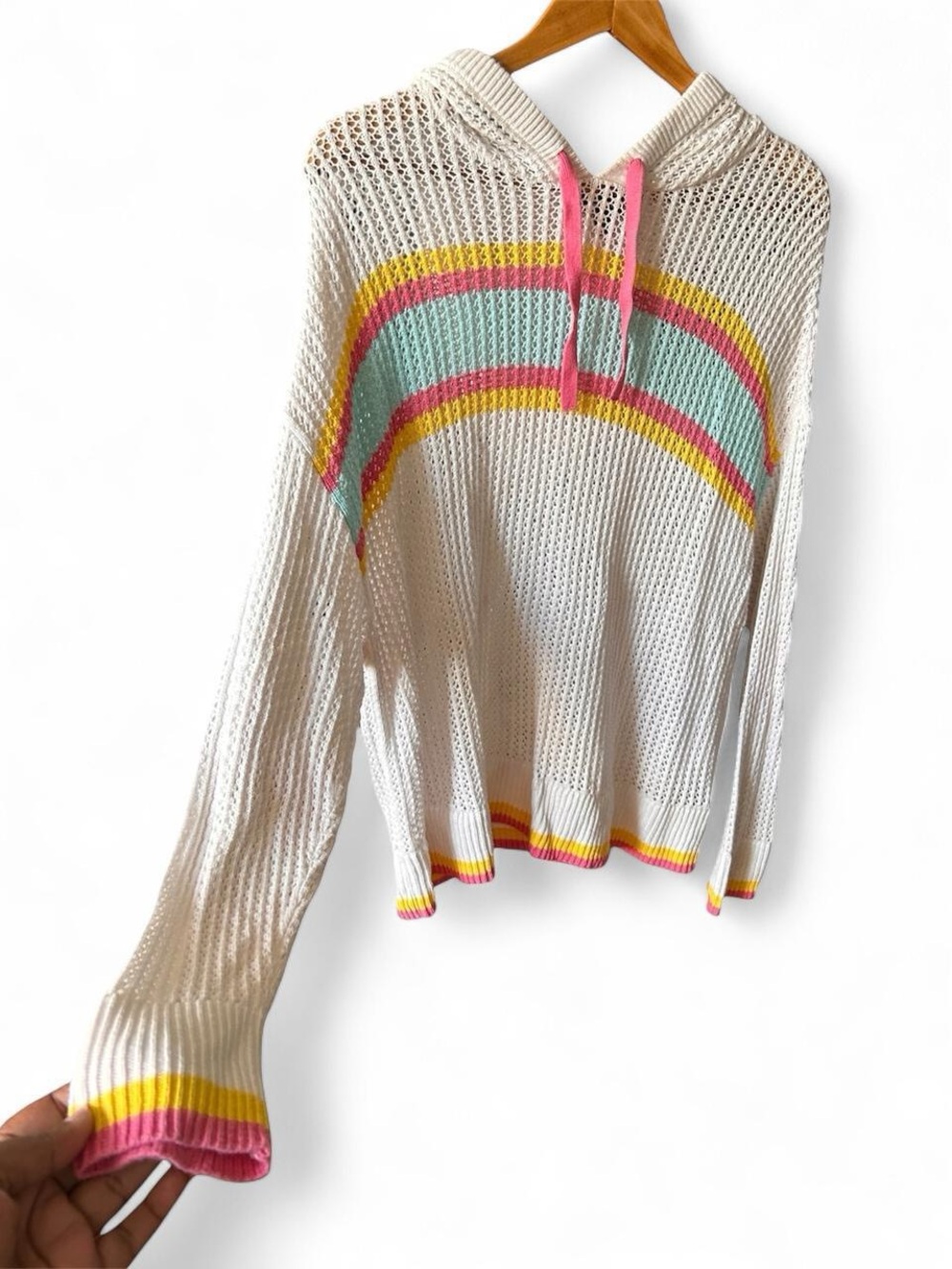 Open Knit Pointelle Hoodie Torrid Rainbow Striped Coastal Bohemian Indie Sleaze